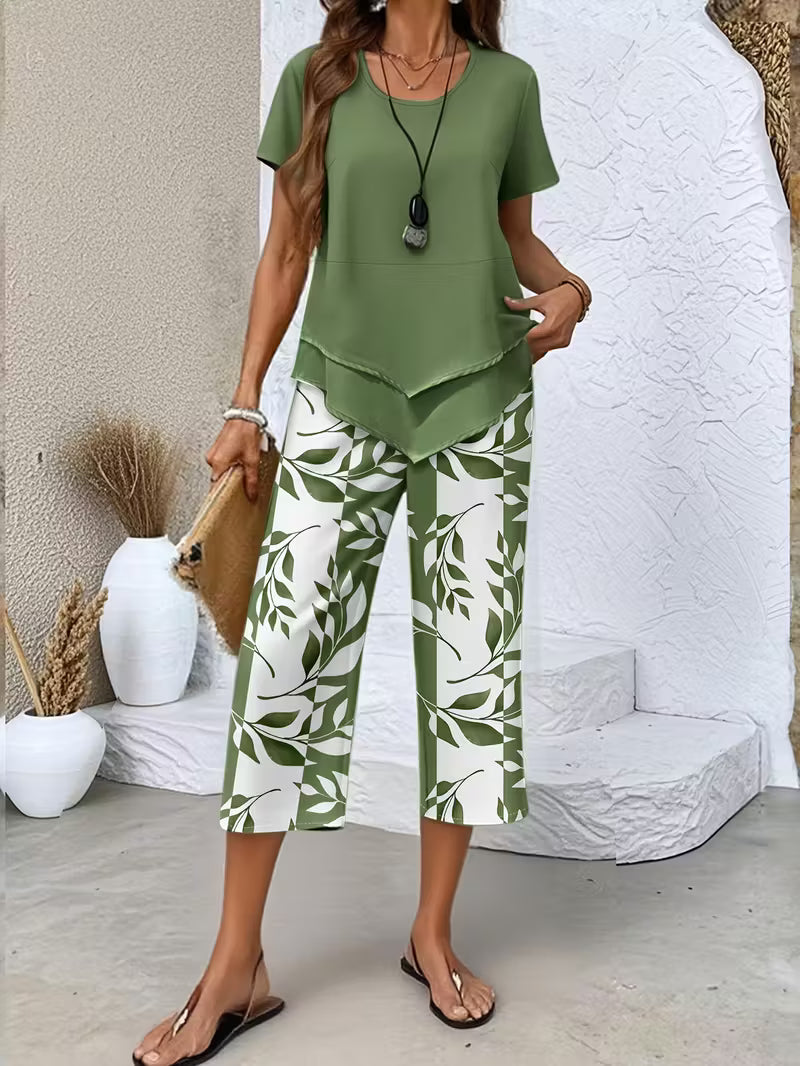 Women's Casual Solid Color Top & Botanical Print Shorts Set